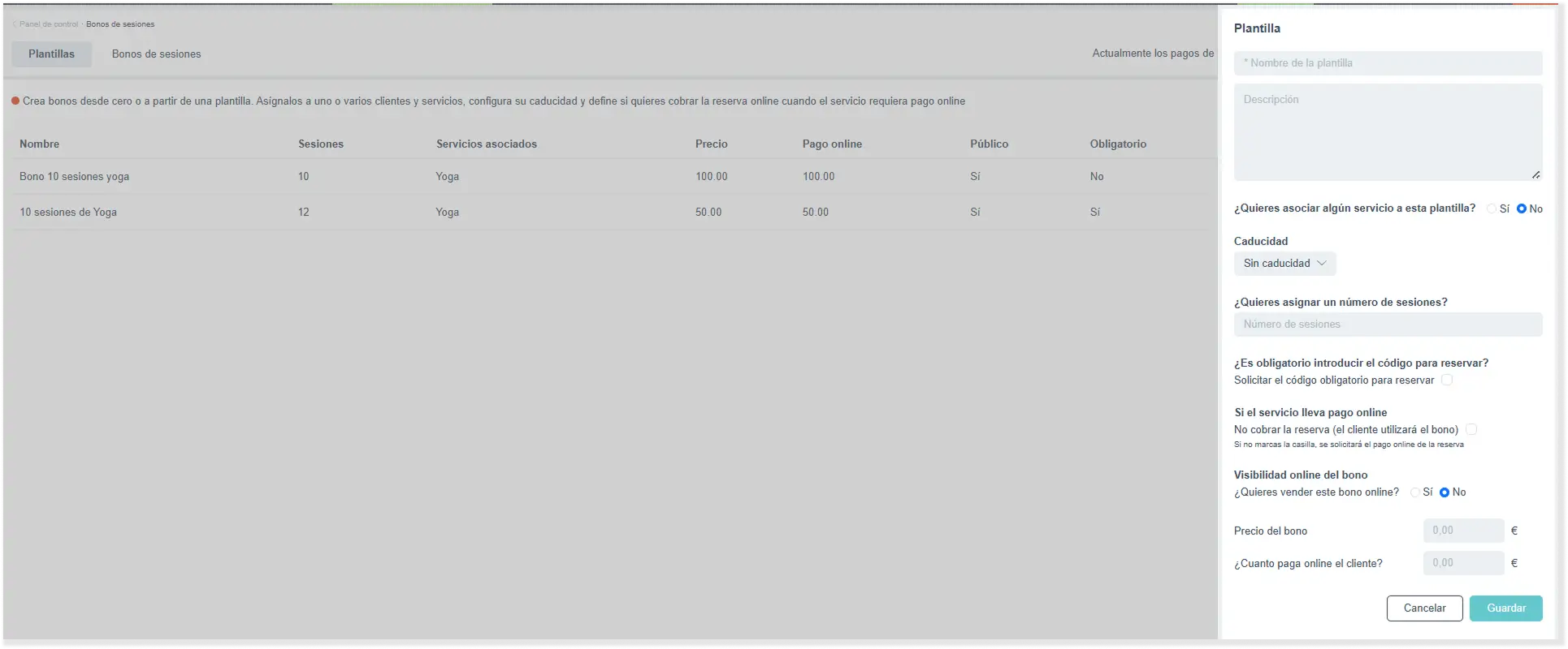 Crear una nueva plantilla de bono de sesiones en Bookitit