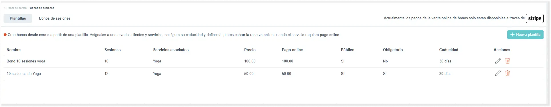 Lista de plantillas de bonos de sesiones de Bookitit