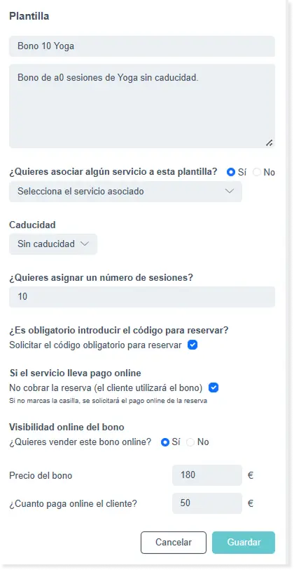 Configuración de plantilla de bono de sesiones en Bookitit