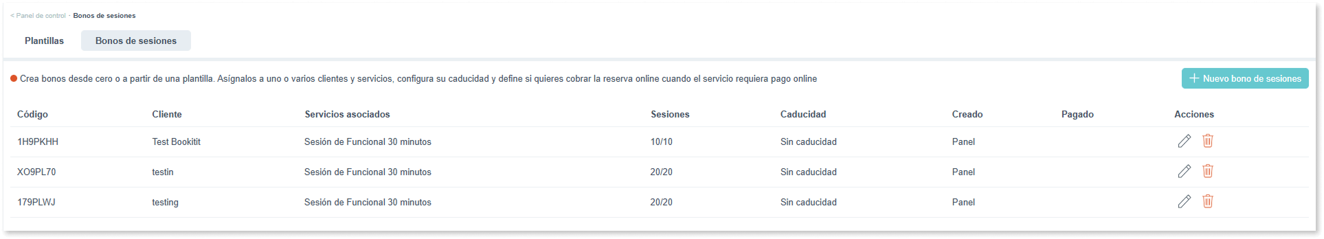 Lista de bonos de sesiones de Bookitit