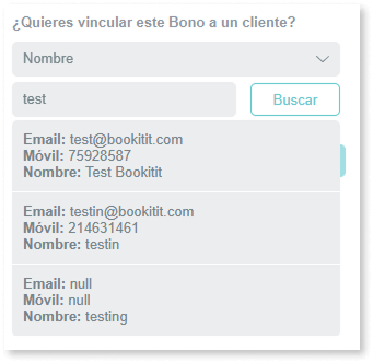 Búsqueda y selección de clientes para asociar a un bono en Bookitit