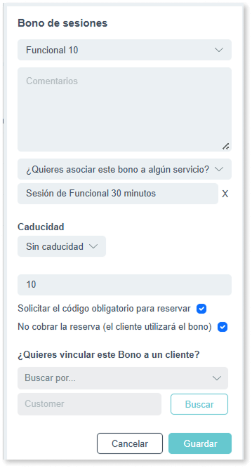 Datos de plantilla de bono predeterminada en Bookitit